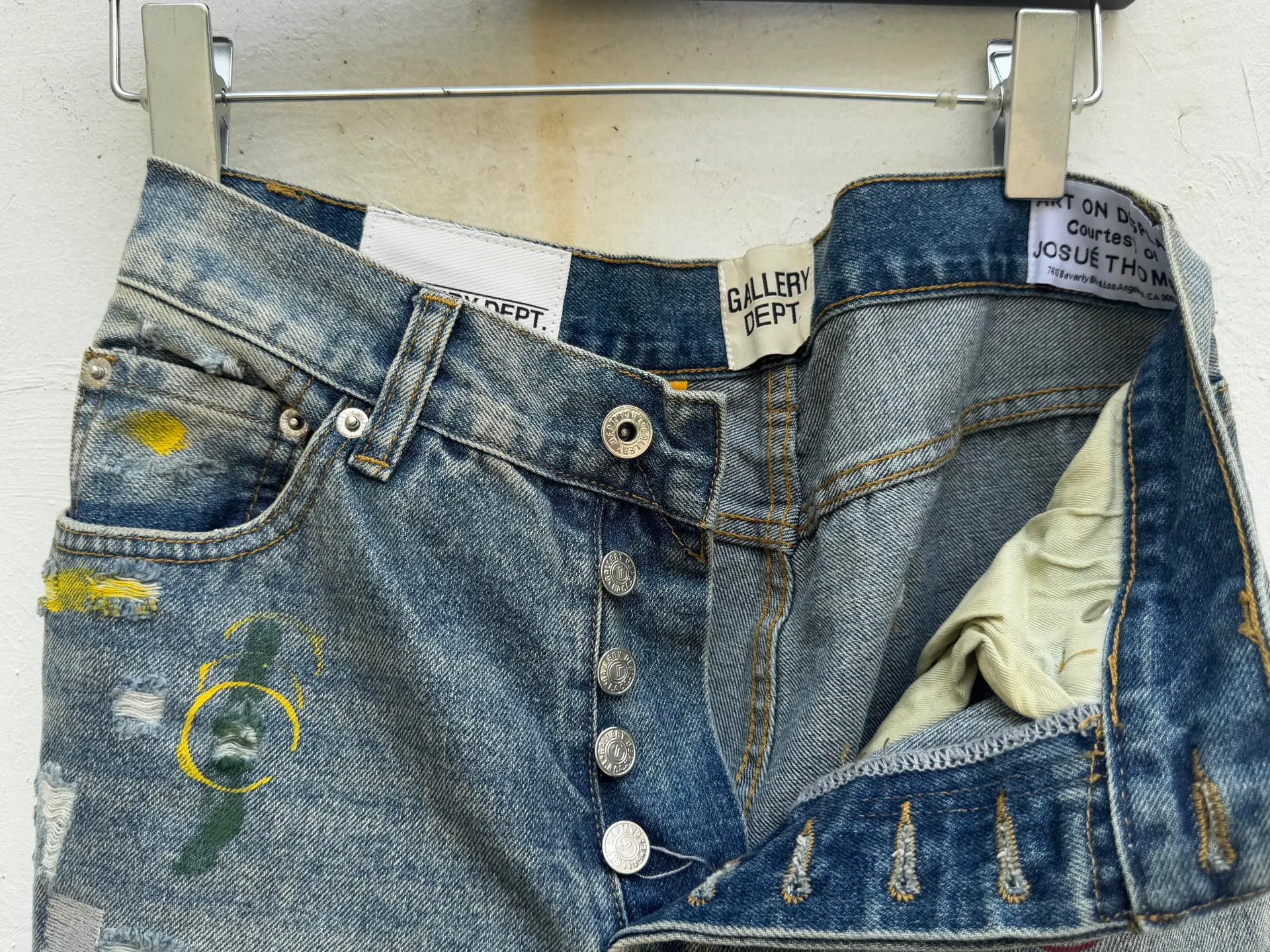 P300💰GA02 Top heavy industry GALLERY DEPT. Spliced ​​ink splash paint hand-stitched holes washed retro jeans men and women high street splash ink pants micro-flared casual trousers trendy couple same style Size: 28 30 32 34 36 (corresponds to S M L XL XXL)
